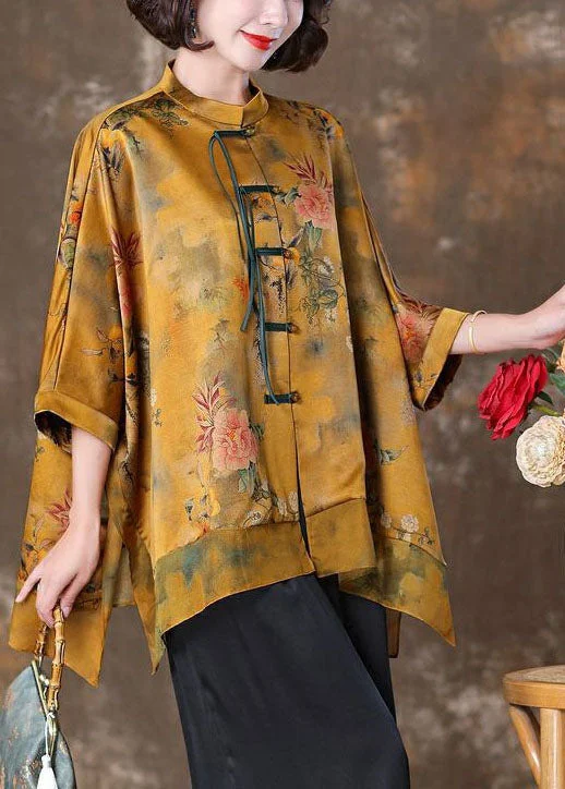 French Yellow Stand Collar Oversized Patchwork Print Silk Shirts Batwing Sleeve