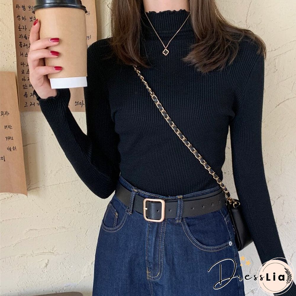 Christmas Gift Womens Sweater Women Knitted Ribbed Pullover Long Sleeve Ruffles Turtleneck