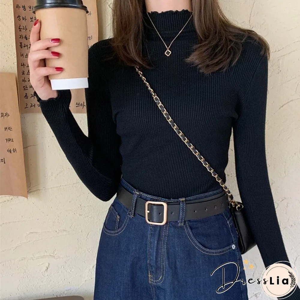 Christmas Gift Womens Sweater Women Knitted Ribbed Pullover Long Sleeve Ruffles Turtleneck