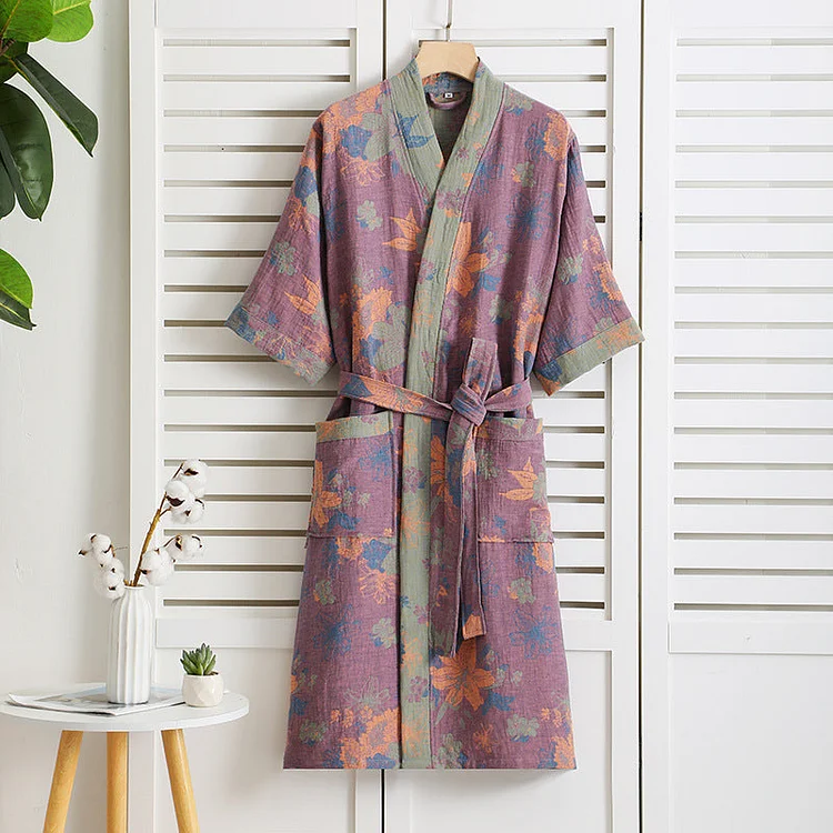 Floral Cotton Gauze Short Sleeve V-neck Robe Radinnoo.com