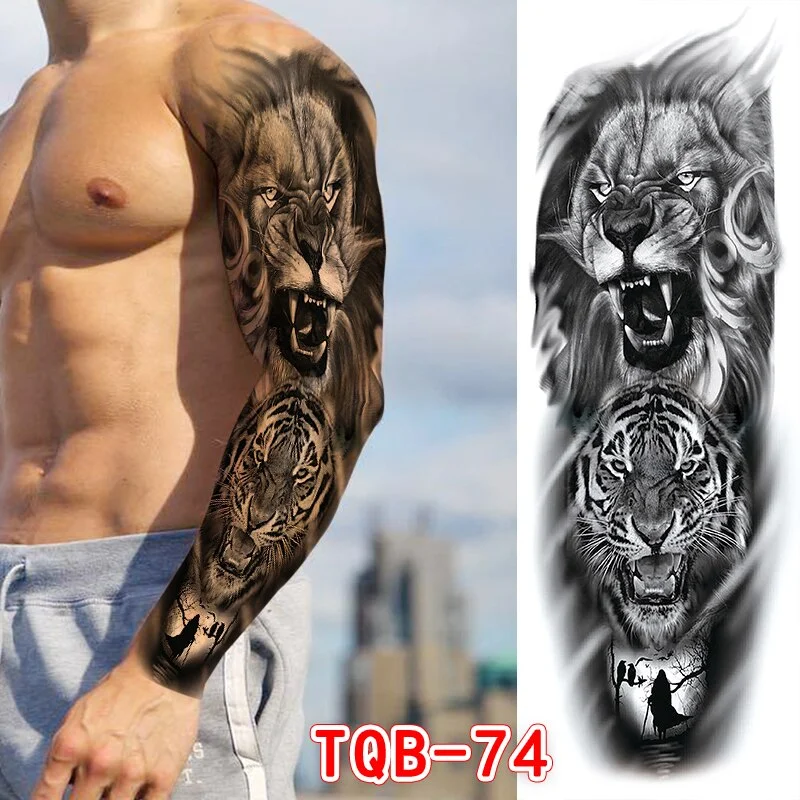 Sdrawing Men Temporary Tattoos Large Arm Sleeve Tattoo Sticker Dragon Tiger Fish Full Skull Totem Wolf Waterproof Fake Tattoo for Women