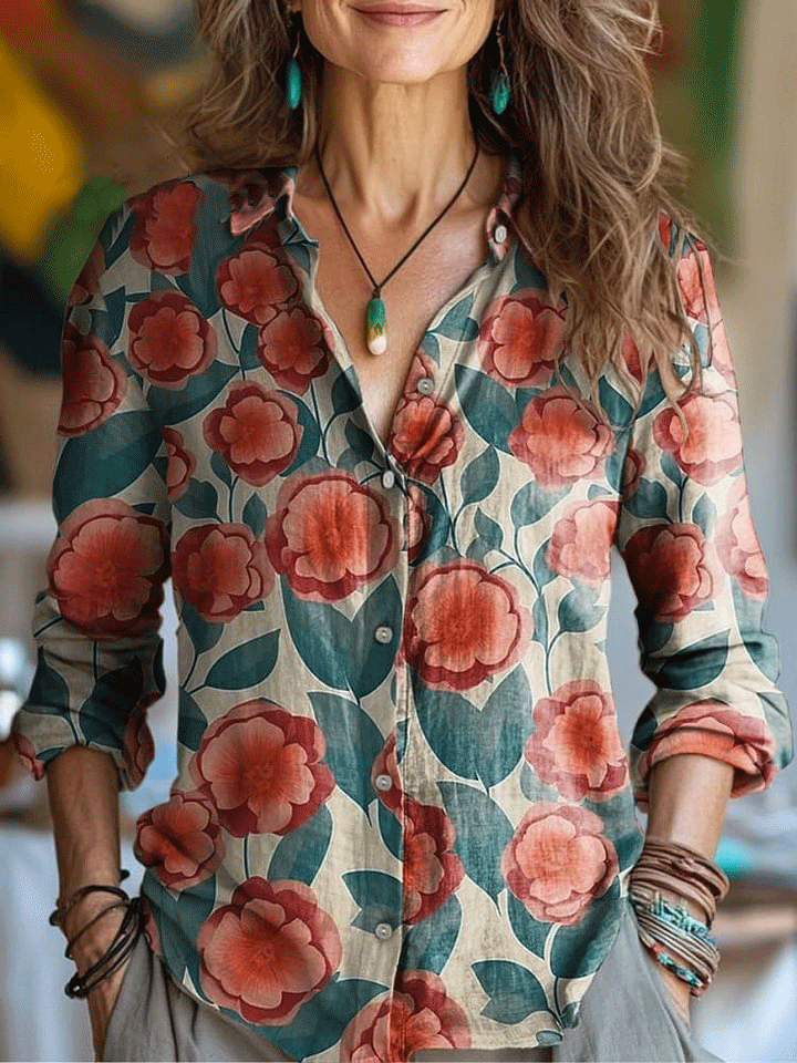 Women's Vintage Flower Art Print Casual Cotton Shirt
