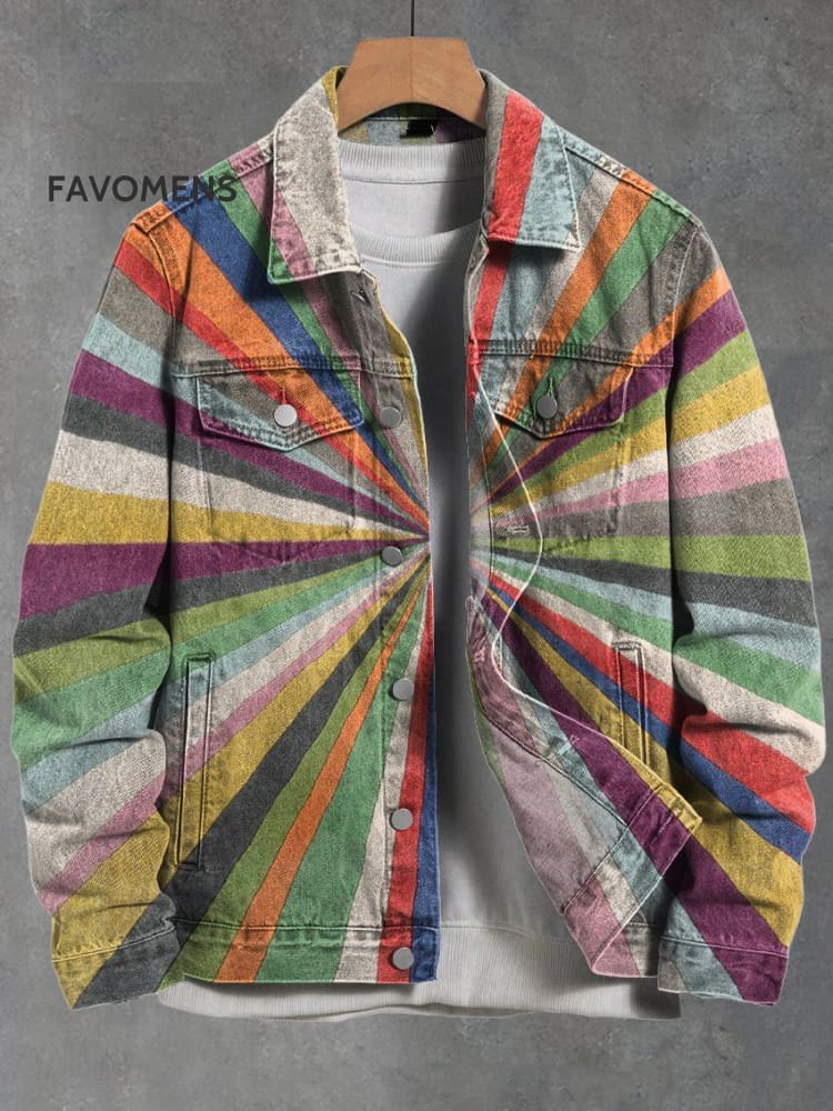 Color Stripes Bloom Art Print Casual Denim Jacket Multicolor / S