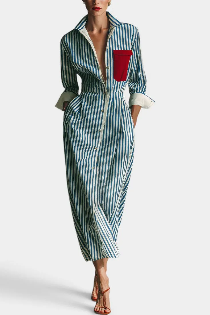 Striped Long Sleeve Shirt Dress with Contrasting Pocket
