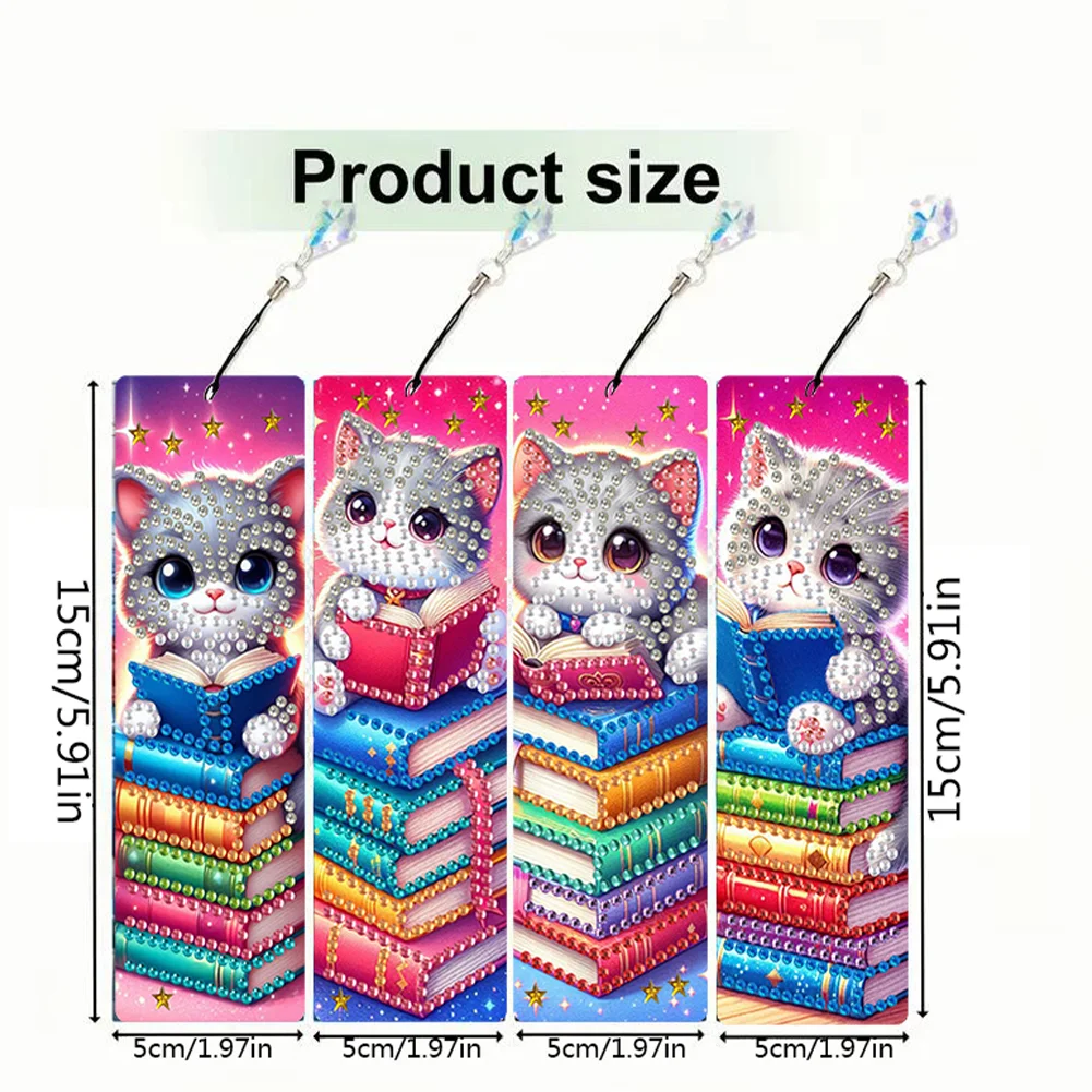 4Pcs DIY Cat Book Diamond Painting Bookmarks Diamond Art Bookmarks for Book Lovers 