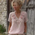 Vintage Boho Pink Roses Embroidered V Neck Linen Tunic - Image 2