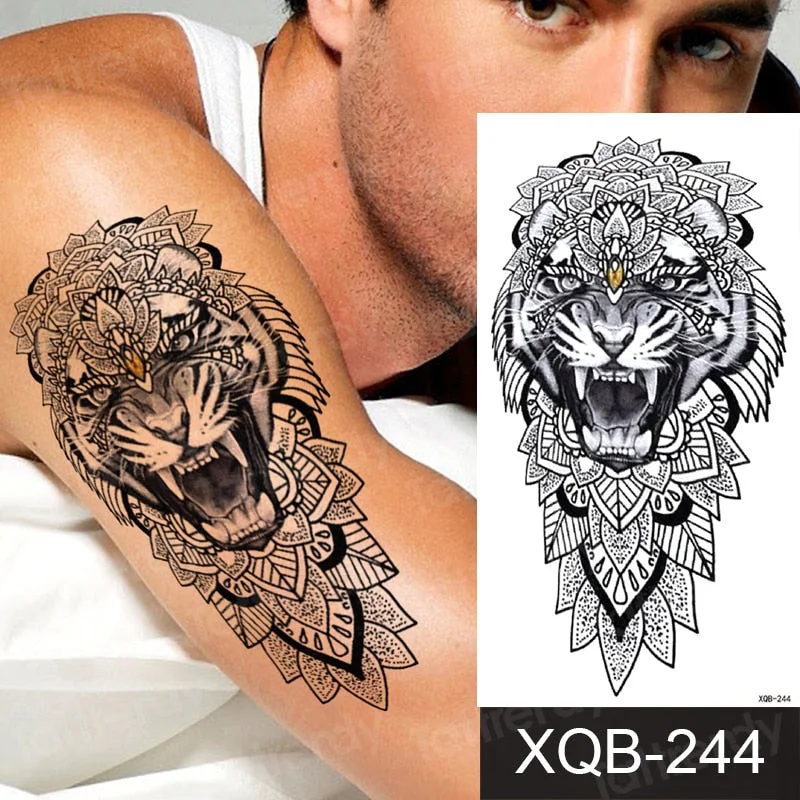 Waterproof Temporary Tattoo Sticker Lion King Crown Cross Tiger Pattern Fake Tatto Flash Tatoo Black Body Art for Kids Women Men