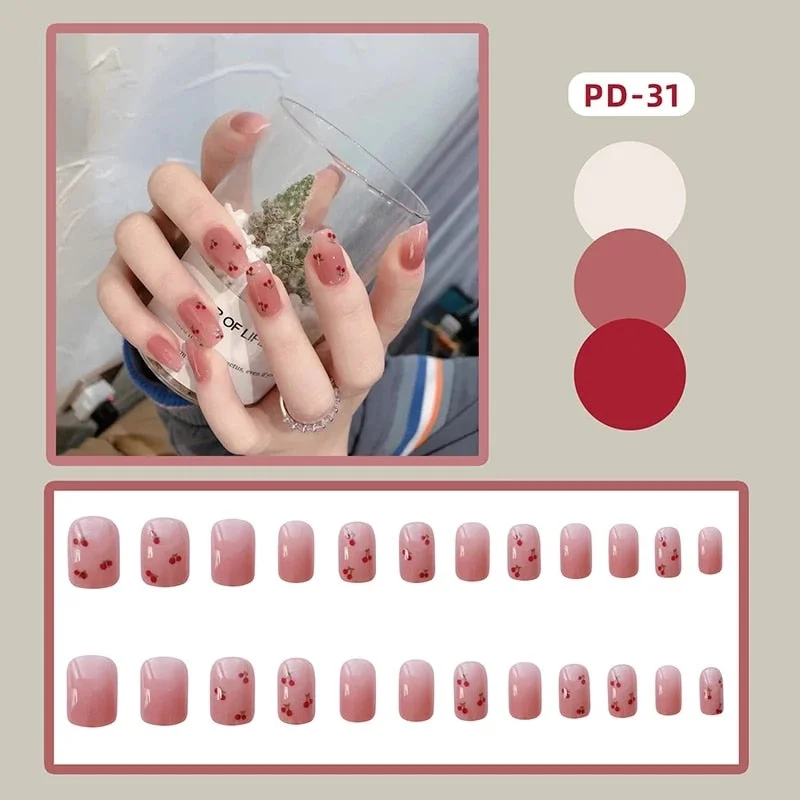 Short Nail with Design Nude Pink Color Square Head Full Cover Nail Art Tips Women Nail Decorative Christmas Press On Nail Tips-Nail Inspo