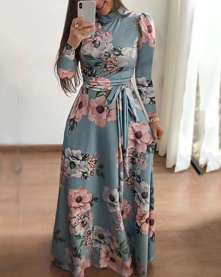 Lace-out Collar Long Sleeve Maxi Dress