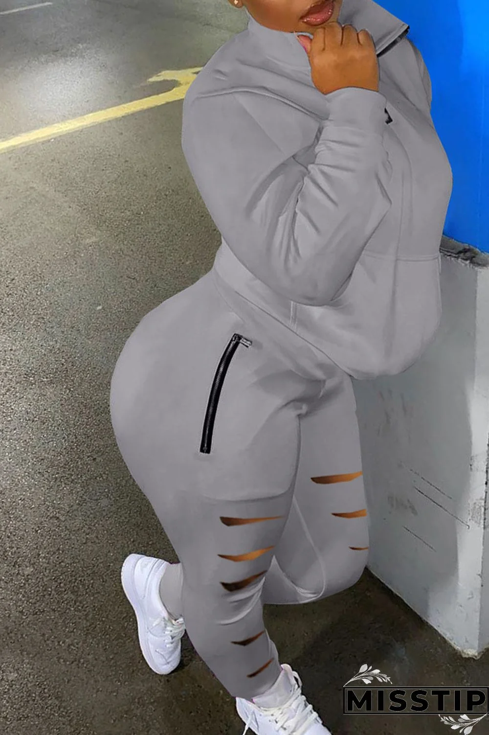 Coffee Casual Sportswear Solid Hollowed Out Patchwork Zipper Collar Long Sleeve Two Pieces