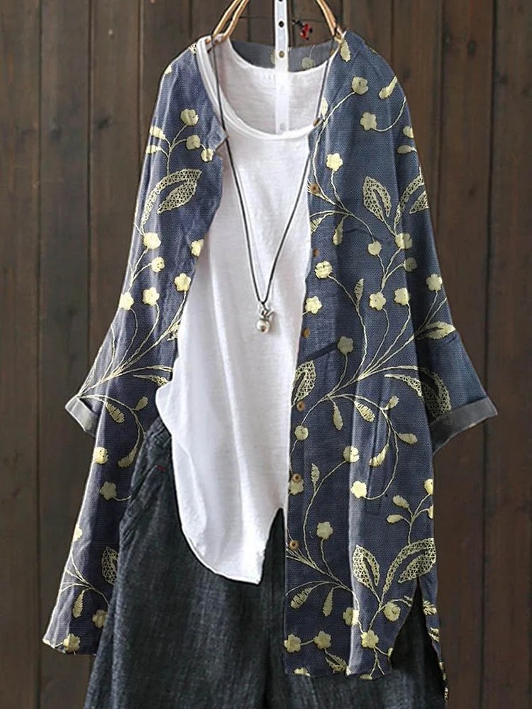 Women's Vintage Floral Art Print Loose Casual Top Jacket