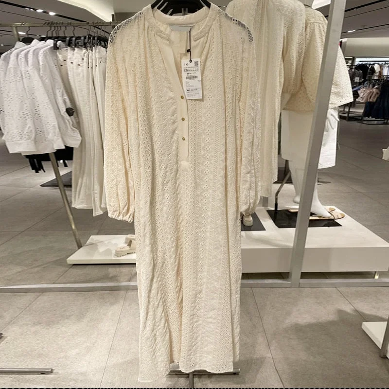 2021 New Women Summer Vintage Embroidery Dress Loose Long Sleeve Buttons Females Casual Beige Midi Dresses Vestidos Robe