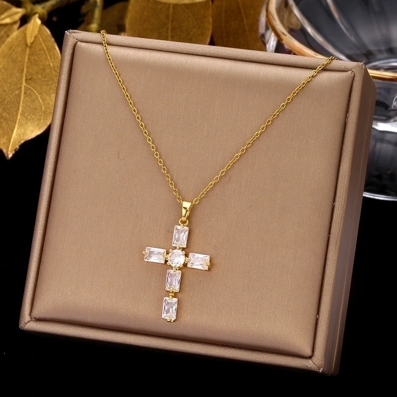 2 Pieces Ethnic Style Cross Stainless Steel Inlay Zircon Pendant Necklace