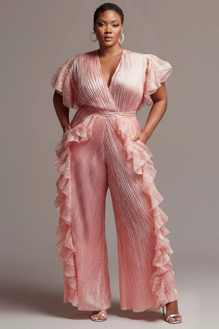Xpluswear Design Plus Size Wedding Guest Pink Wrap Neck Short Sleeve Ruffle Pocket Glitter Jumpsuits [Pre-Order] 2024 - Xpluswear