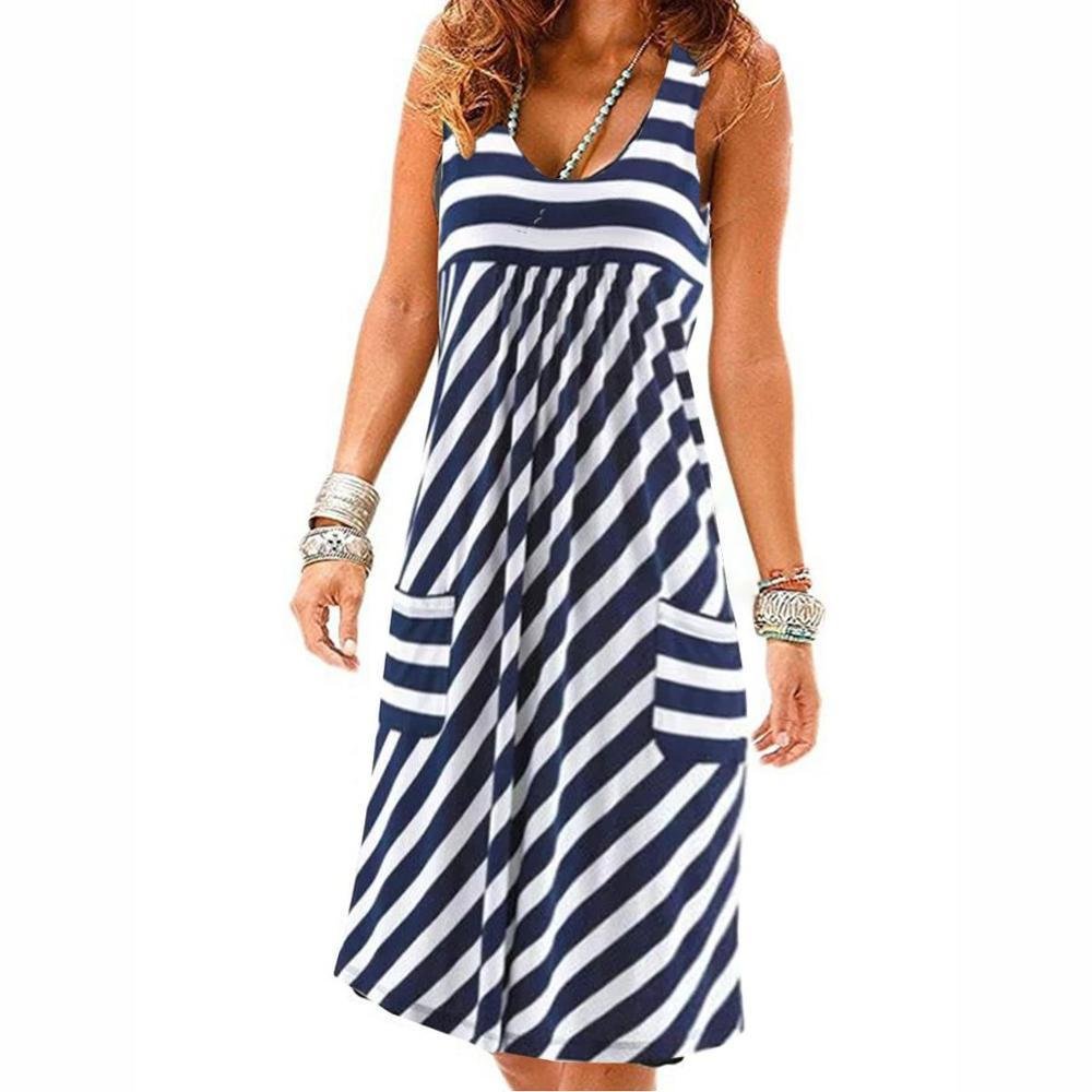 Fashion striped dress large size summer dress  loose simple sleeveless dress women's clothing - VSMEE