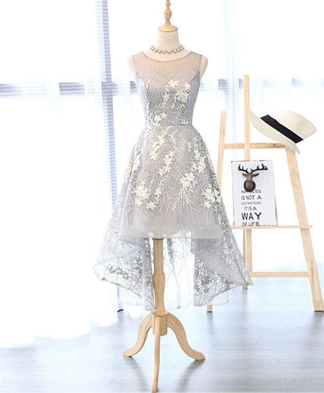 Unique Gray High Low Prom Dress, Gray Homecoming Dress
