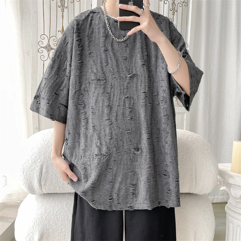 Inongge Summer Men's T-shirts Casual Cotton Perforated Harajuku College Youth Hip Hop Unisex Trendy Personality Loose Short Sleeve Top