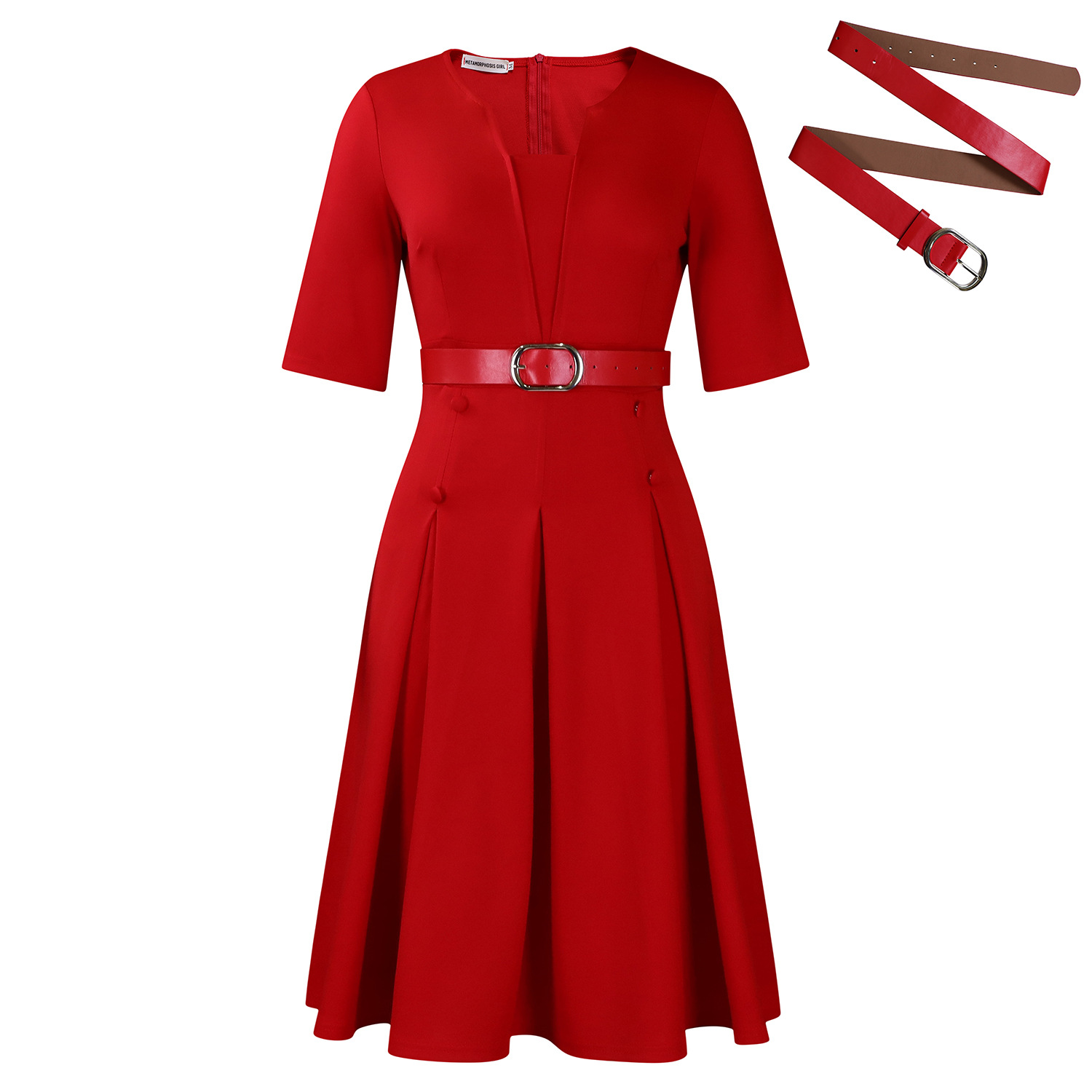 Women's V-Neck Half-Sleeve Midi Dress - Pleated A-Line Dress with Detachable Belt