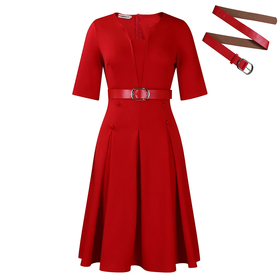 Women's V-Neck Half-Sleeve Midi Dress - Pleated A-Line Dress with Detachable Belt