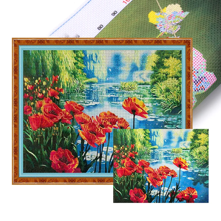 Poppy Flower Landscape (55*45cm) 11CT Stamped Cross Stitch gbfke