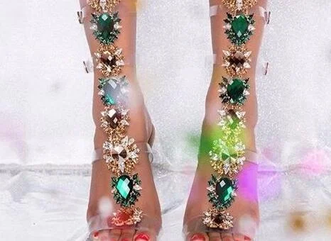 Green Rhinestone Clear Heel Sandals Vdcoo