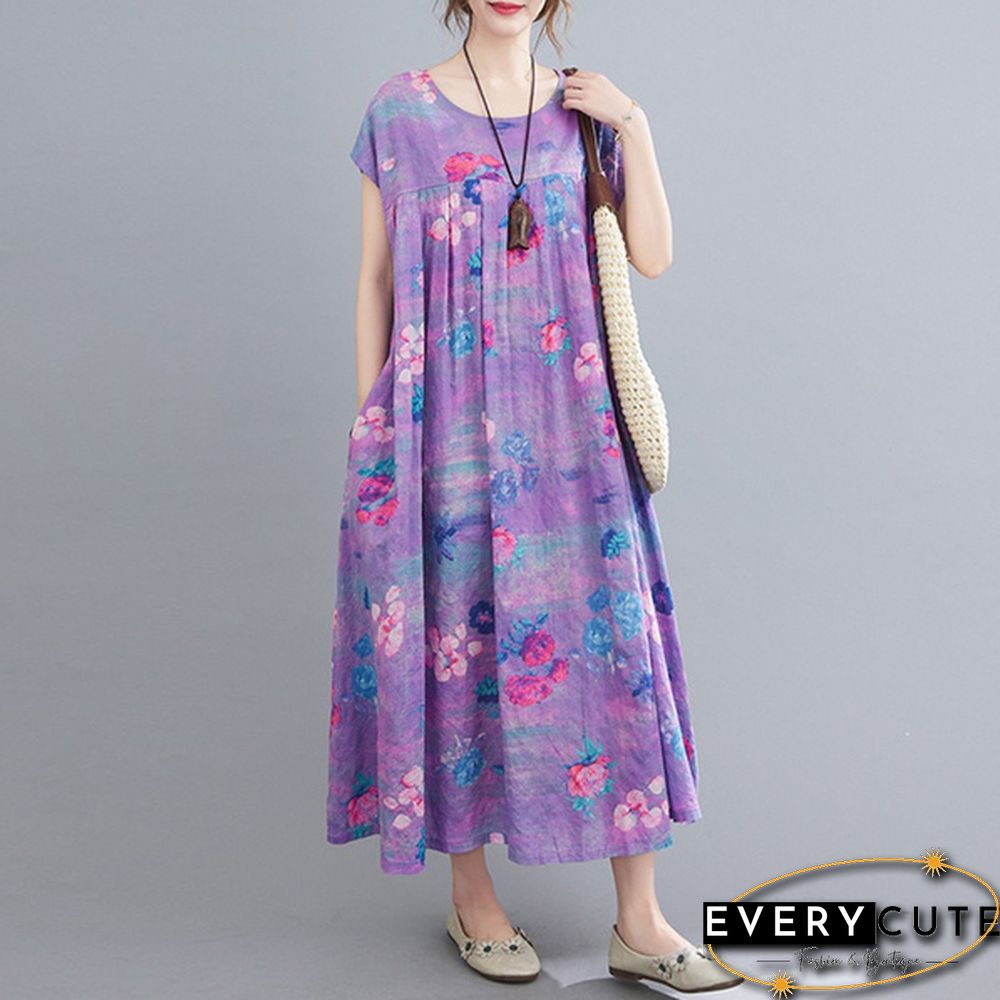 Women Summer Short Sleeve Crew Neck Loose Baggy Floral Printed Long Midi Shirt Dress Holiday Plus