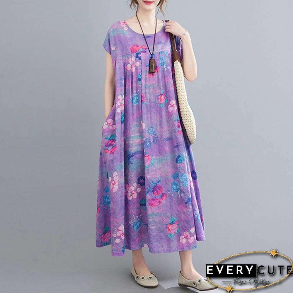 Women Summer Short Sleeve Crew Neck Loose Baggy Floral Printed Long Midi Shirt Dress Holiday Plus