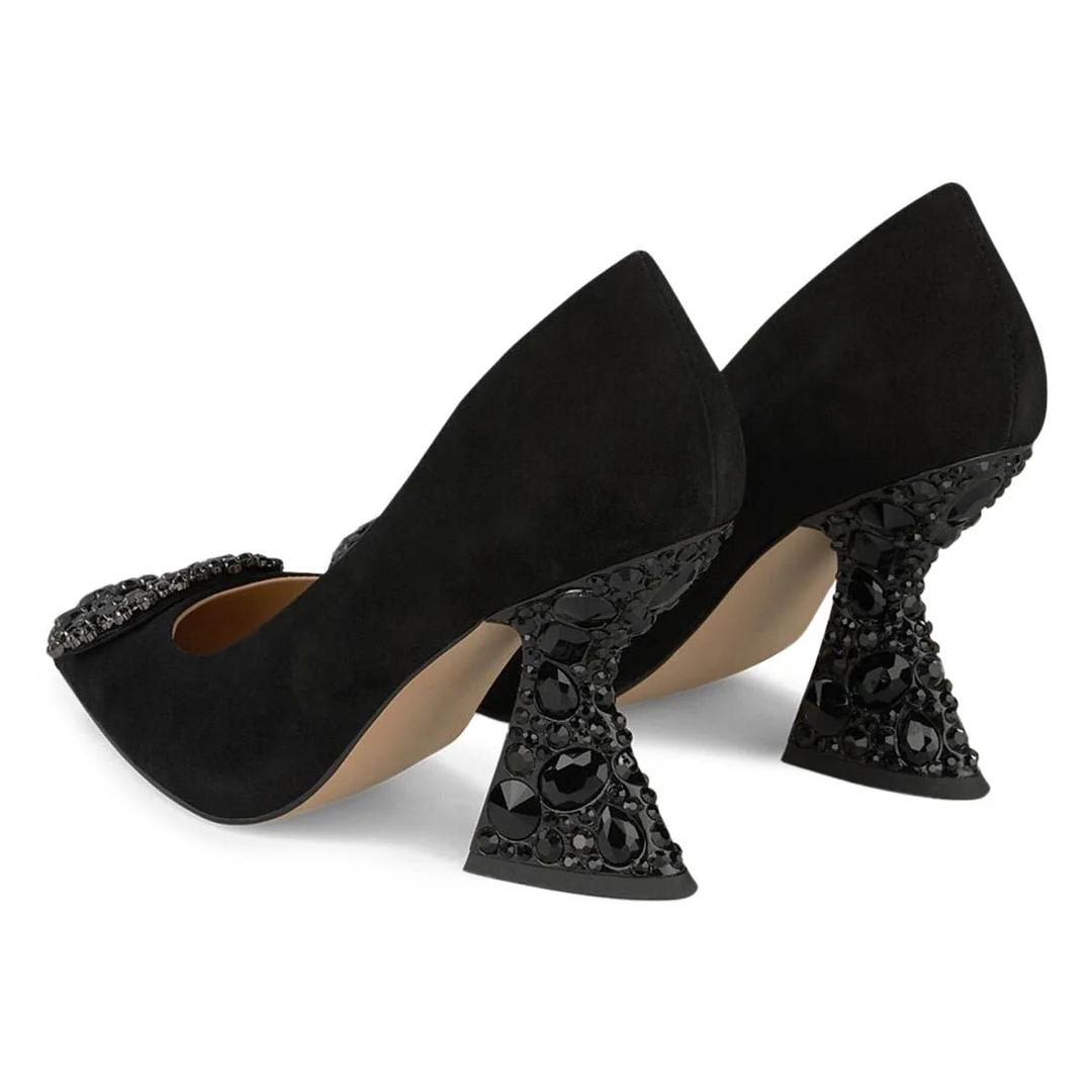 Black Faux Suede Pointed Toe Rhinestone Embellished Elegant Pumps