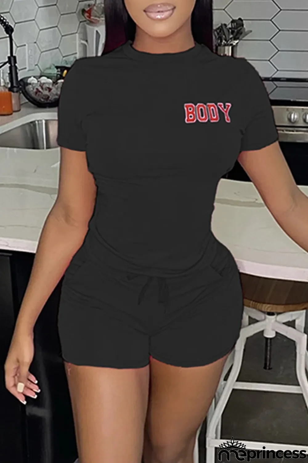 Black Fashion Casual Letter Print Basic O Neck Short Sleeve Two Pieces