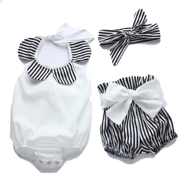 3pcs Cute Baby Girl Tops Stripe Romper Clothes