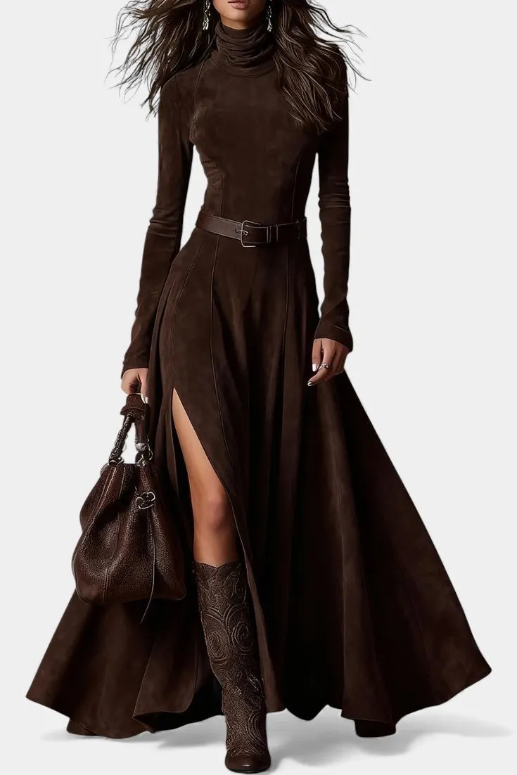 High-Neck Maxi Dress with Side Slit and Belt