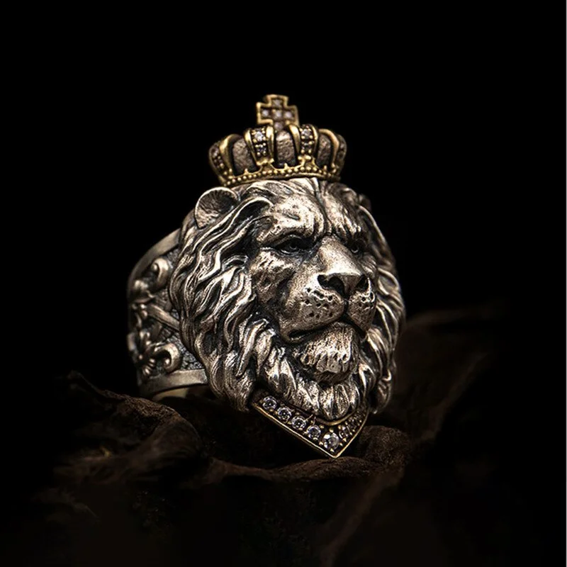 Cifeeo Vintage Animal King Lion Ring for Men Punk Hip Hop Biker Ring Domineering Crown Gothic Ancient Beast Ring Gift Jewelry
