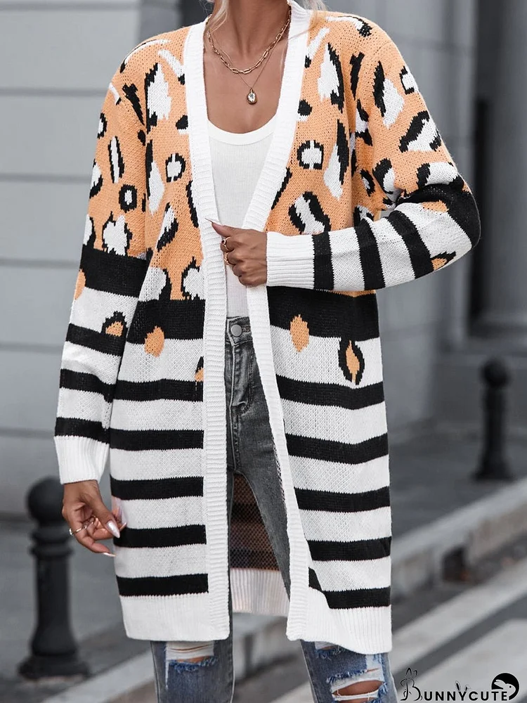 Leopard Striped Print Open Front Knit Cardigan for Casual Charm