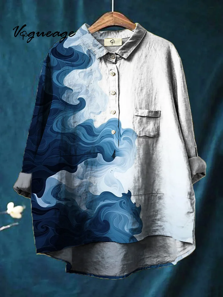 Fashionable Artistic Wave Colorblock Printed Cotton and Linen Shirt