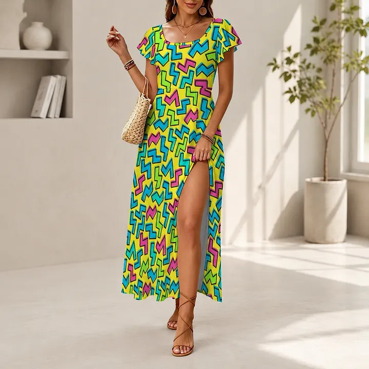 SFneewho® Women Elegant Party Dress 80S 90S Neon Crazy Bright Abstract Geometric Retro Shapes Boho A-Line Gowns Evening Split Maxi Dresses