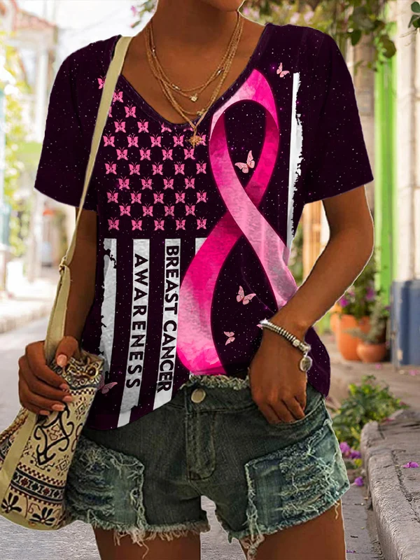 Breast Cancer Awareness Casual Butterfly Print T-Shirt