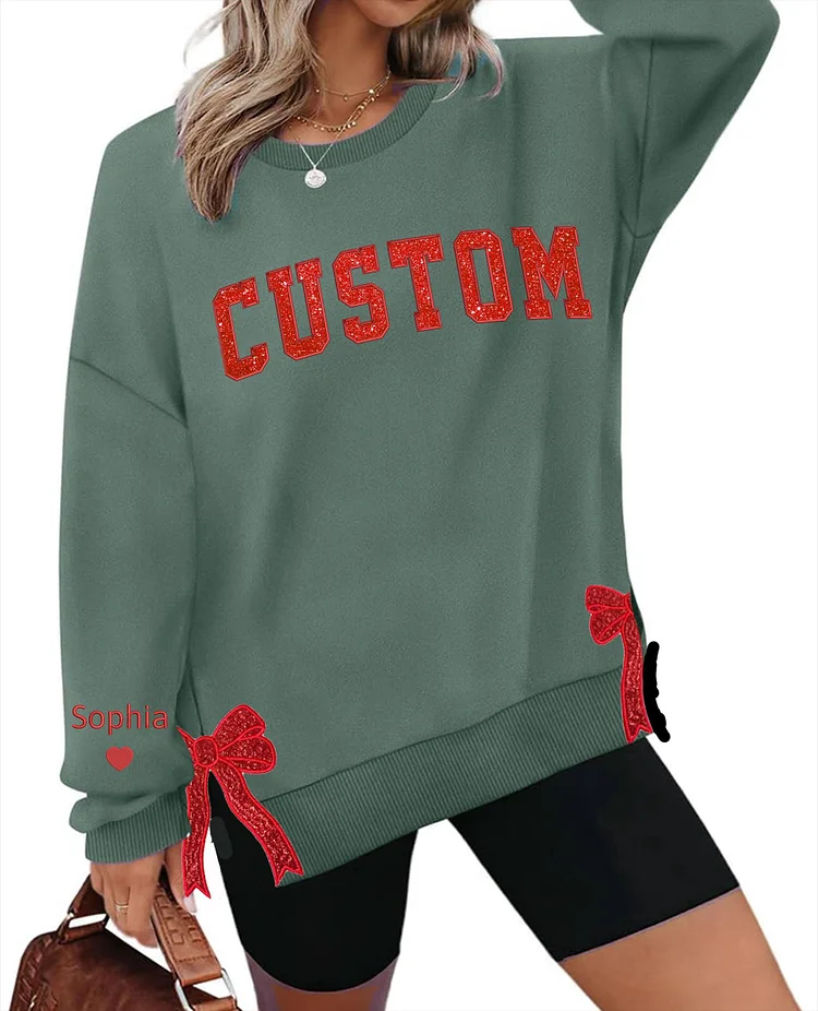 Custom Merry Embroidered Bow Sweatshirt, Side Bow Applique Sweatshirt, Glitter Christmas Sweatshirt