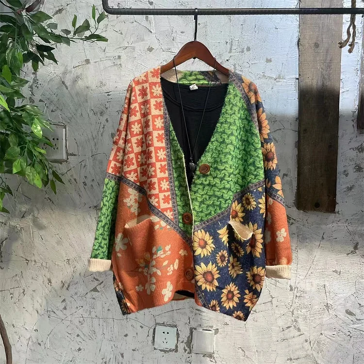 Women Floral Print Knitted Loose Sweater Coat socialshop