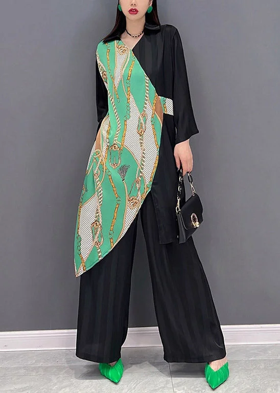 Stylish Black V Neck Asymmetrical Patchwork Chiffon Tops And wide leg pants Two Pieces Set