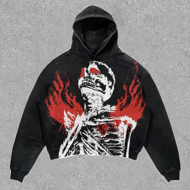 Relaxed Vintage Suicide Skeleton Graphic Casual Street Washed Hoodie