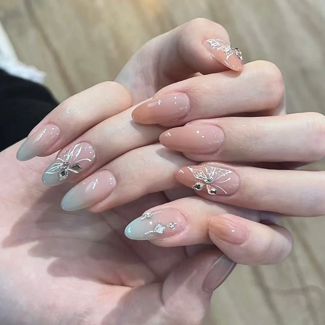 Macaron Gradient Three-dimensional Super Flash Diamond Medium-length Press On Nails With Nail Adhesives 24 pcs