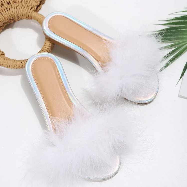 Feather Trim Open Toe Flat Slippers