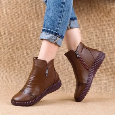 New 2021 Autumn Fashion Women Genuine Leather Boots Handmade Vintage Flat Ankle Botines Shoes Woman Winter botas
