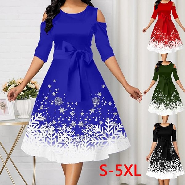 Women Fashion Belted Snowflake Print Christmas Dress Cold Shoulder Round Neck Party Dress Plus Size A-Line Dresses - Chicaggo