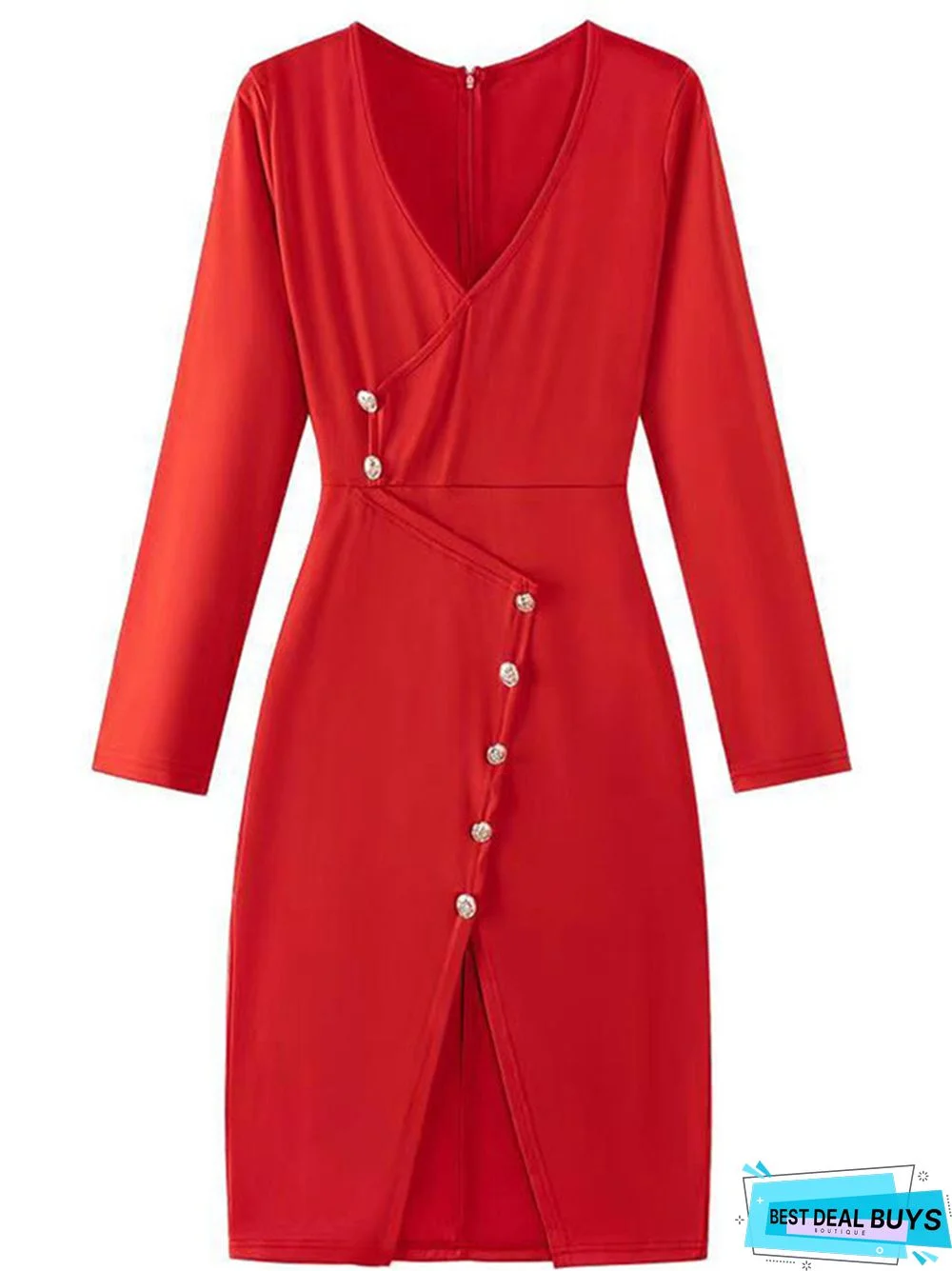 Sexy V-Neck Slim Bag Hip Slit Long Sleeve Dress