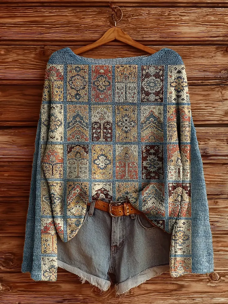 Women's Vintage Ethnic Tattoo Pattern Art Print Casual Pullover Sweater
