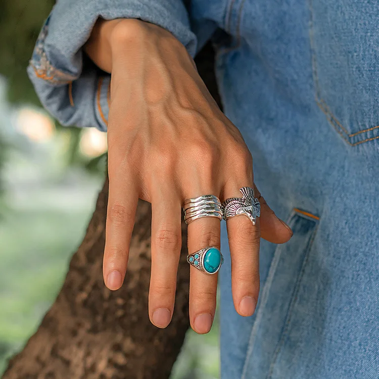 Olivenorma Turquoise Silver Eagle Men's Ring Set