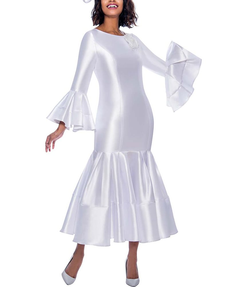 Ladies Casual Elegant Versatile Satin Fishtail Flared Sleeve Dress