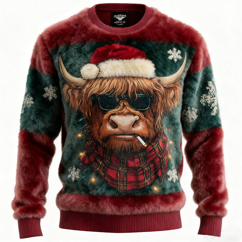 Men's Funny Christmas Highland Cow Print Crew Neck Flannel Sweatshirt elevenforest