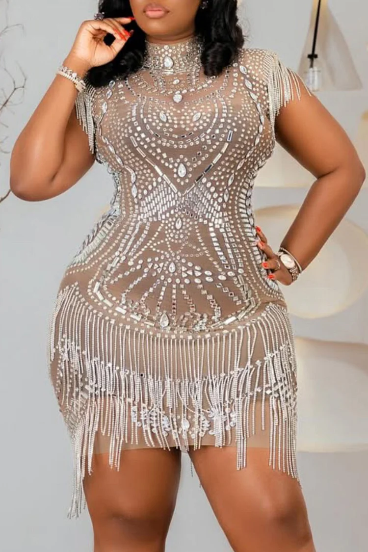Plus Size Cocktail Party Nude High Collar Short Sleeve Strappy Flapper Bodycon Sequin Mini Dresses [Pre-Order] 2024 - Xpluswear
